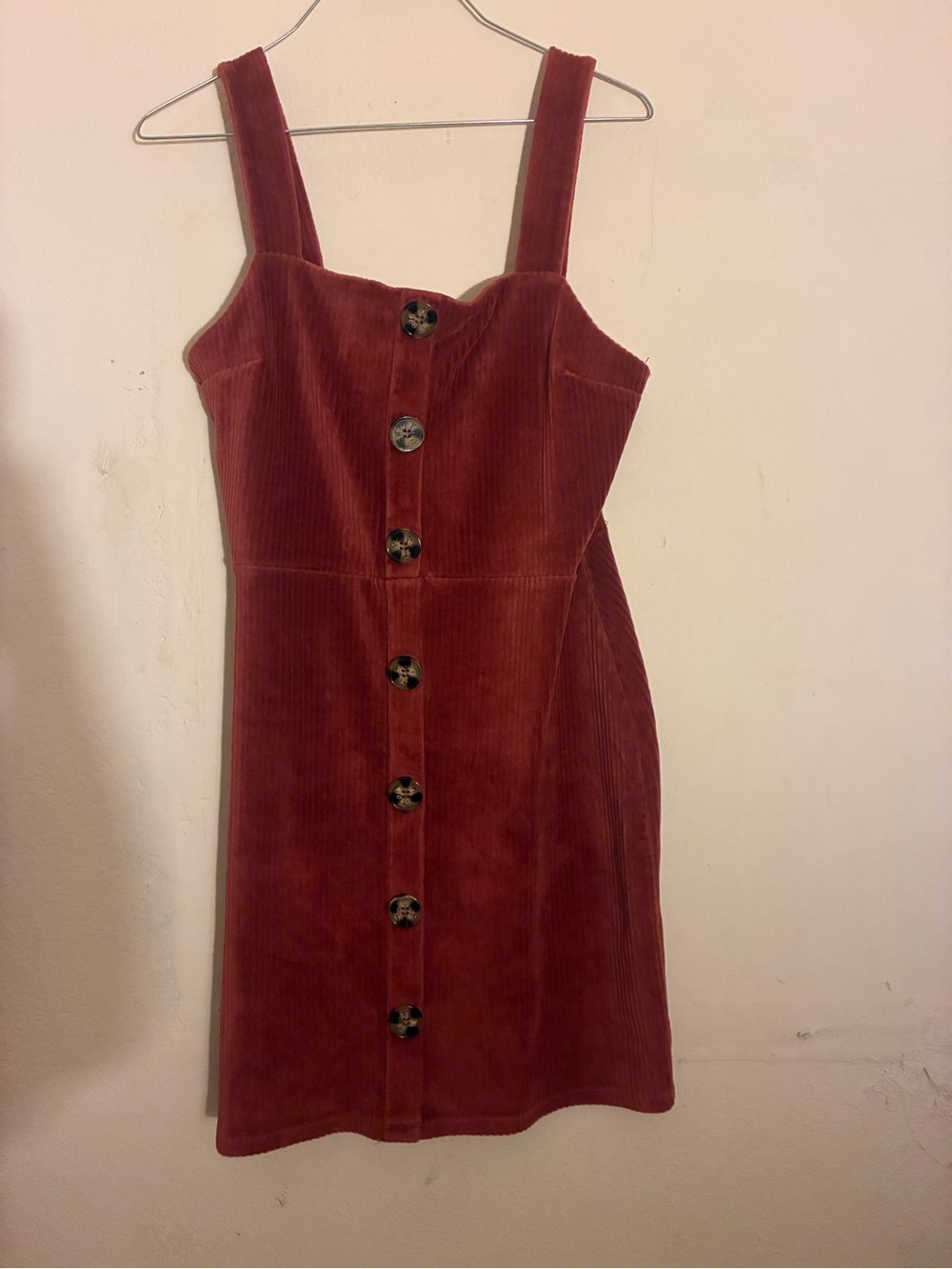 Button-Front Corduroy Pinafore Dress in Rust